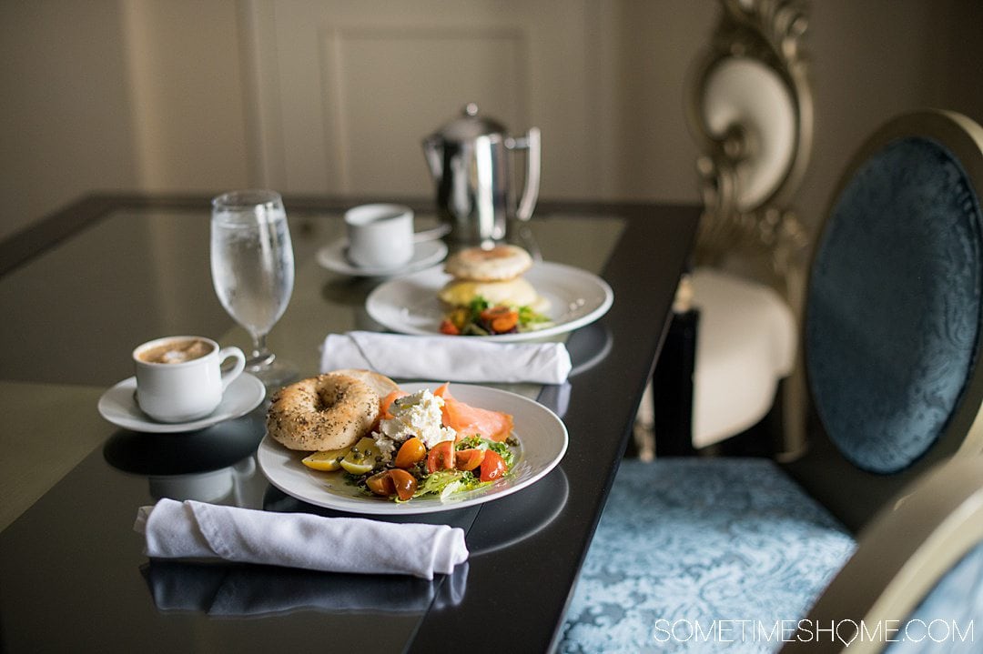 Breakfast at The Siena Hotel in Chapel Hill with bagels and lox and an egg and cheese sandwich.