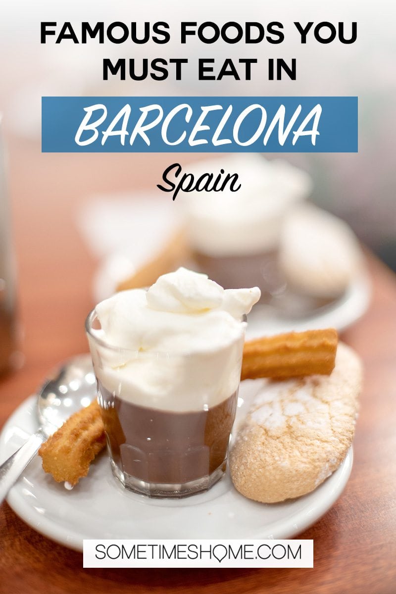 Chocolate and churros and a Catalan lady finger cookie in Barcelona Spain