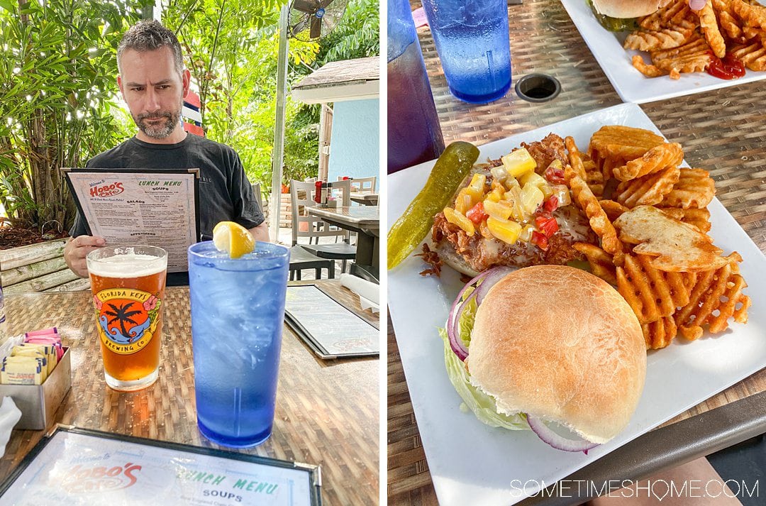 2 images side by side at a restaurant. Left image of a man reading a menu and drinks on the table, right image of a sandwich plate.