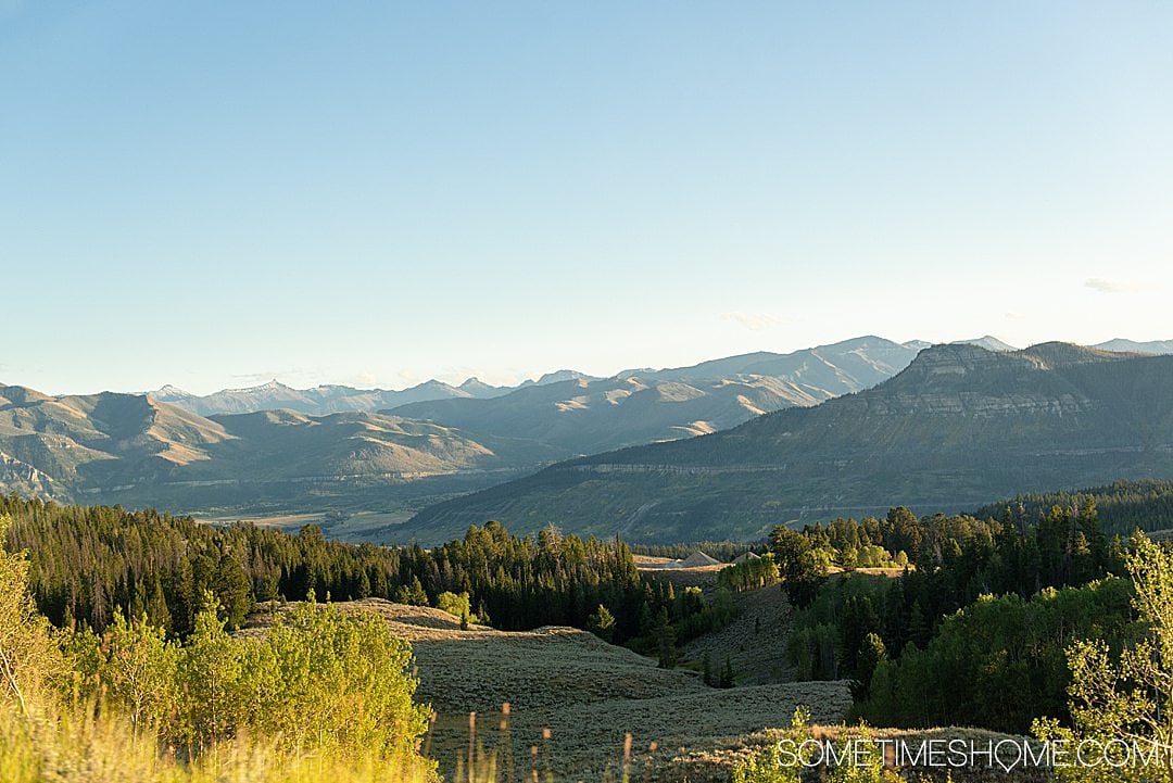  grön och blå bild med berg i fjärran på Beartooth Pass, en naturskön enhet i Amerika.