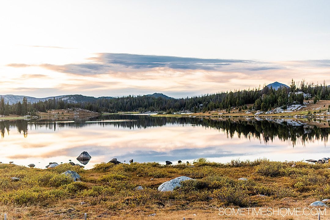 One of the highlights of Beartooth Highway: a sunset sky reflecting in the lake.