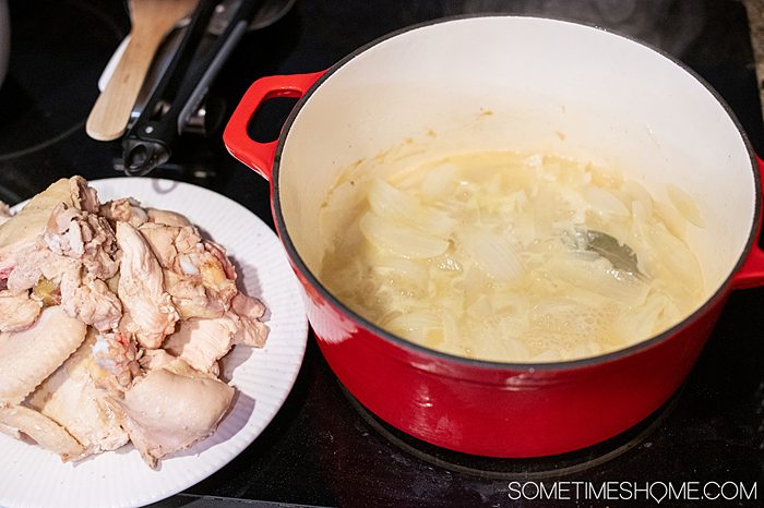 Chicken and onions in a red pot for a chicken recipe.