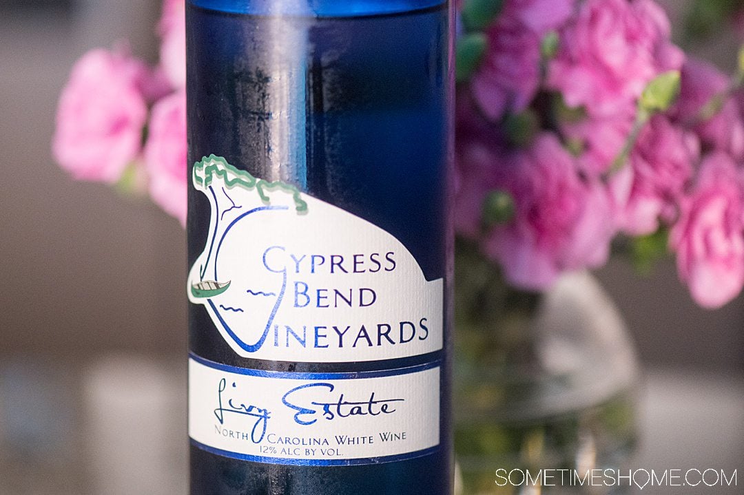 Cypress Bend Vineyards blue bottle of white wine made with North Carolina muscadine grapes