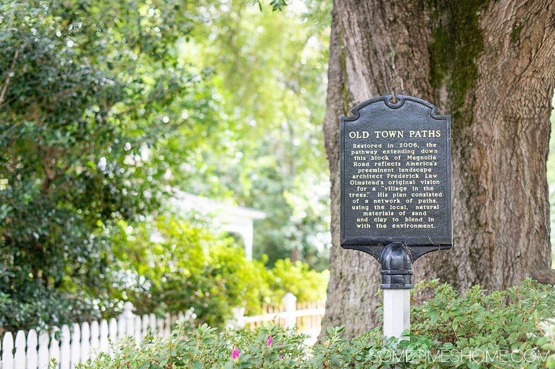 Sign that says, "Old Town Paths" in the historic village of Pinehurst, NC. 
