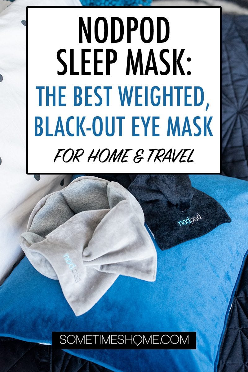 nodpod sleep mask review Pinterest graphic with blue pillows and a grey and black eye mask.