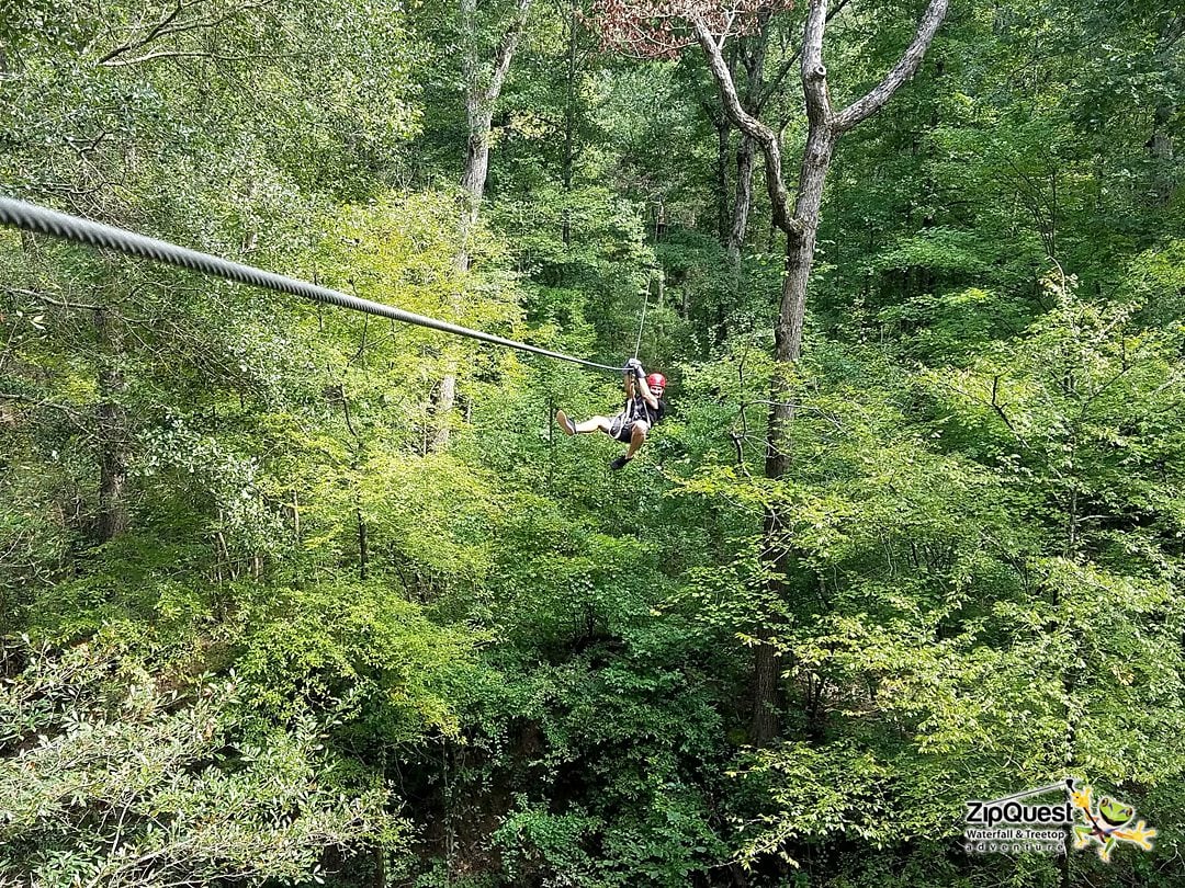 Image of a man zip lining in the forest for a date idea in Fayetteville, NC