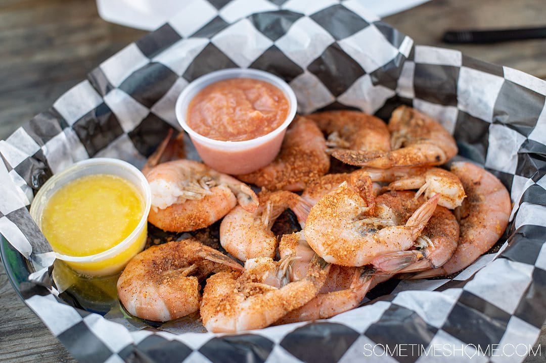 Basket of steamed peel and eat NC shrimp in the Outer Banks of NC.