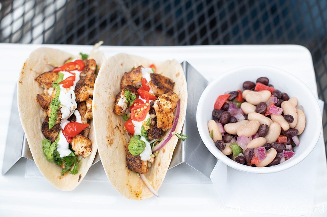 Fish tacos and a bean salad at Avenue Waterfront Grill, one of the best seafood restaurants in the Outer Banks.