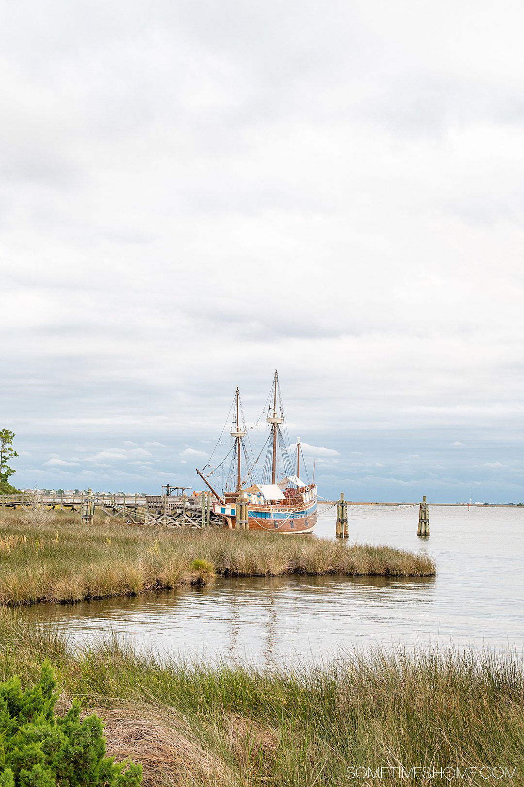 View of an old boat in the harbor on Roanoke Island in the Outer Banks.