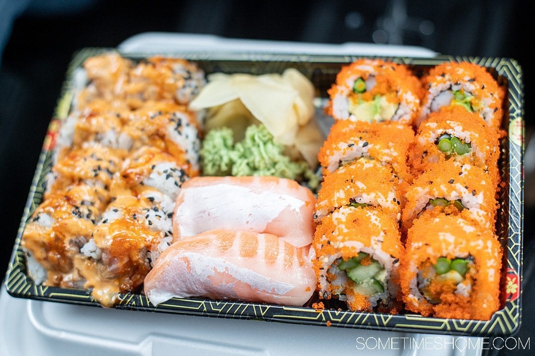 A plate of takeout sushi from Single Fin Thai-Sushi restaurant in the Outer Banks.