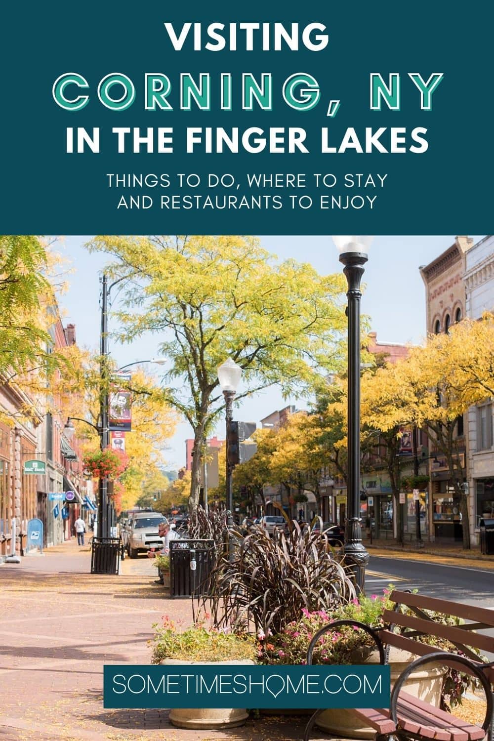 Visiting Corning NY in the Finger Lakes Pinterest images with a fall sidewalk scene in the photo below.