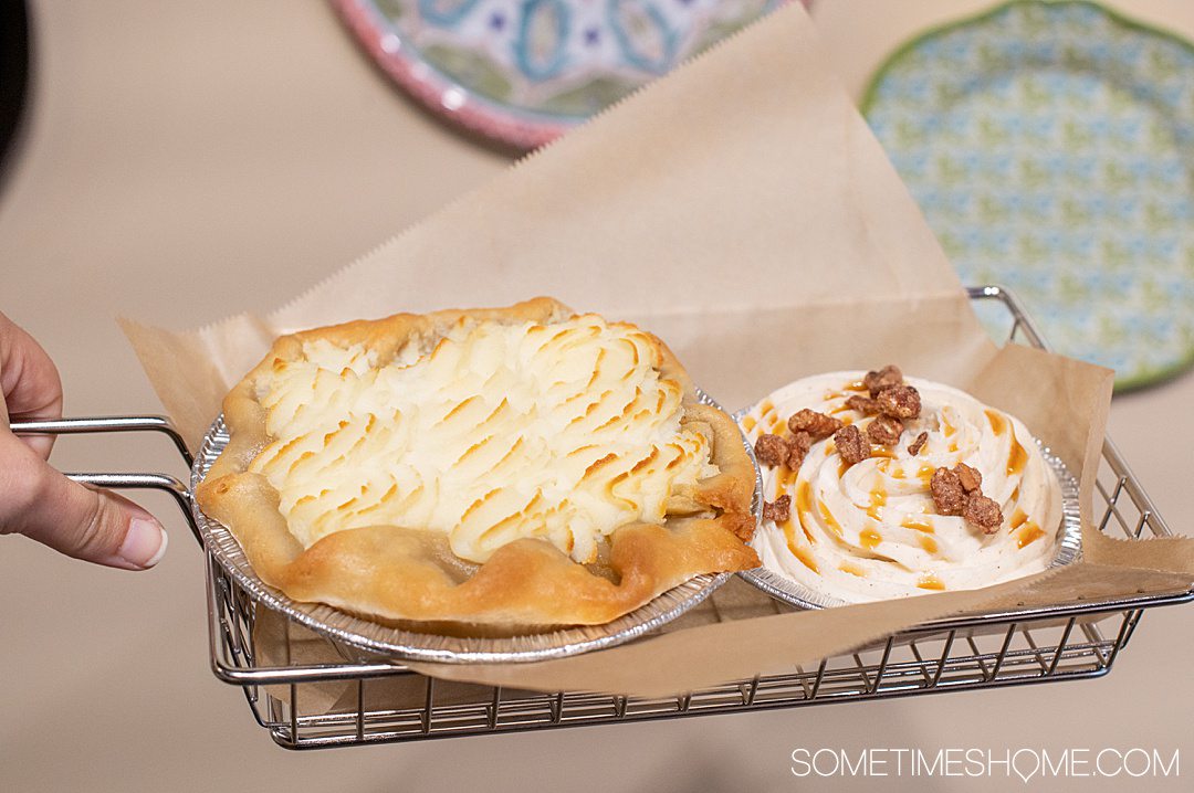 A bigger personalized size savory pie and smaller sweet pie at Fayetteville Pie Company in North Carolina.