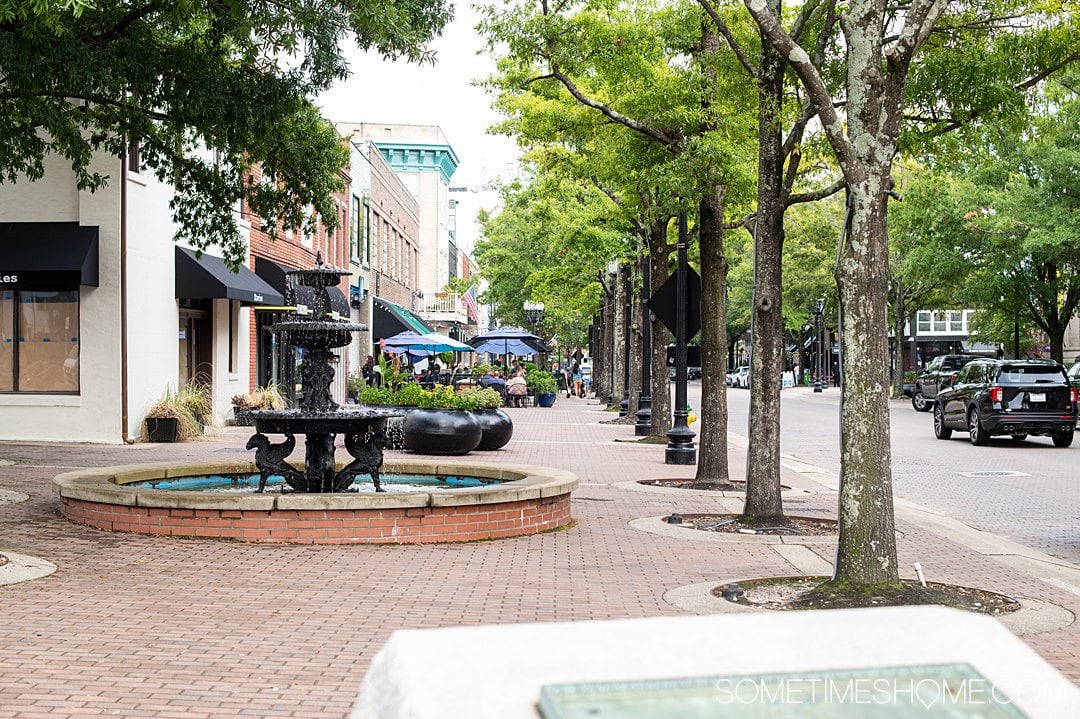 Streetscape of the downtown Fayetteville, NC area with a fountain painted black on the left of the brick pathway and trees lining the street on the right.