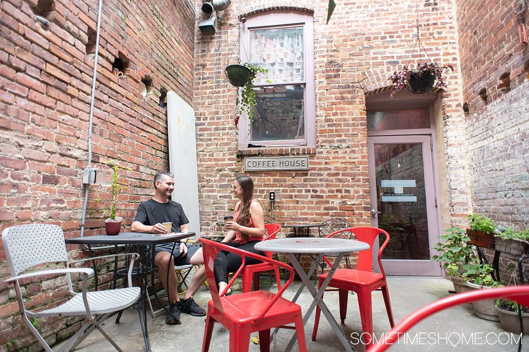 Brick courtyard of Rude Awakening, a coffee shop in downtown Fayetteville, NC.  