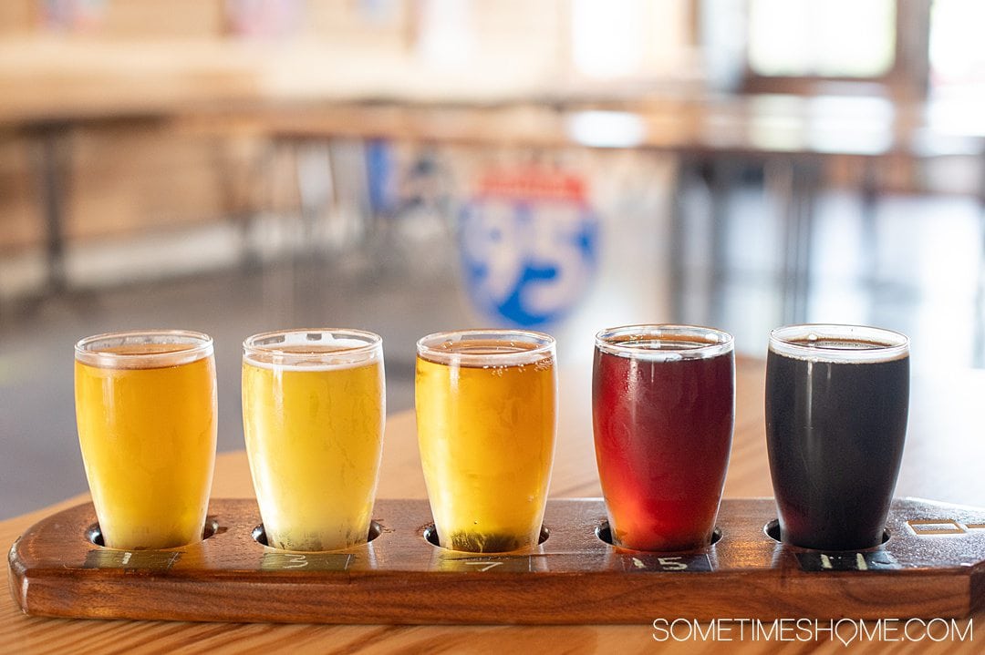 A flight of various types of beer at Dirtbag Ales in Fayetteville, NC.