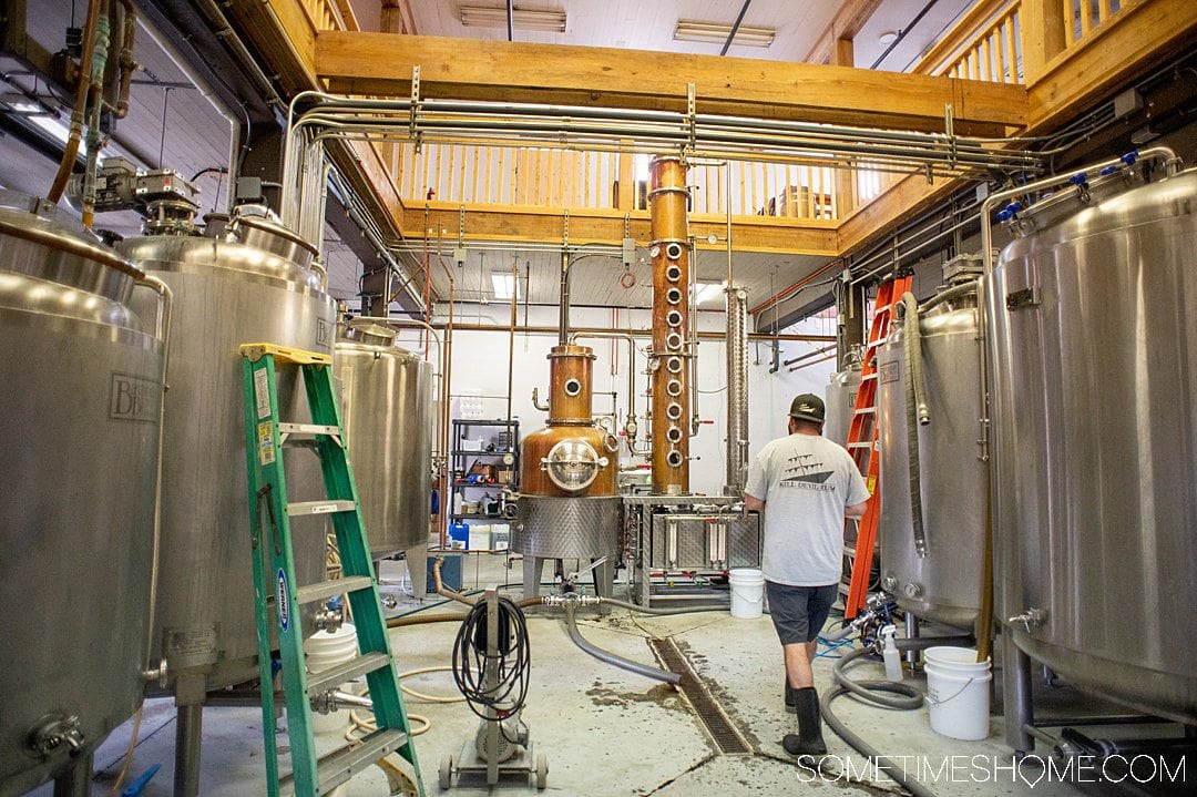 Inside of Outer Banks Distilling in Manteo, North Carolina, where they distill rum in copper stills from Germany on Roanoke Island in the OBX.