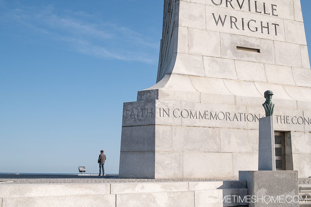 The white stone monument at the Wright Brothers National Memorial in Nags Head in the Outer Banks of NC.