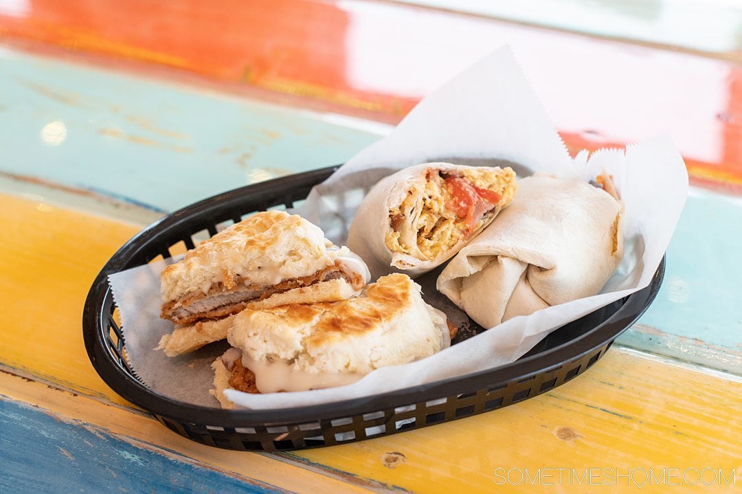 Breakfast burrito and biscuit sandwich at a restaurant in the Outer Banks.