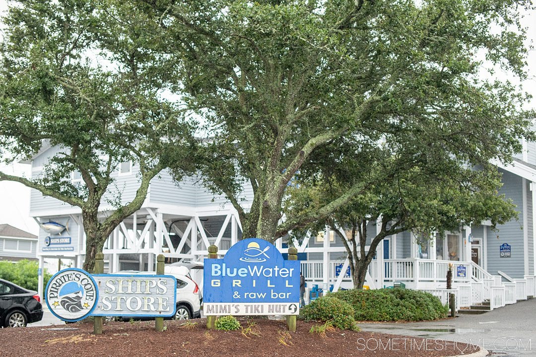 Trees and a restaurant behind it. A sign out front reads, "Blue Water Grill & Raw Bar" in the Outer Banks.