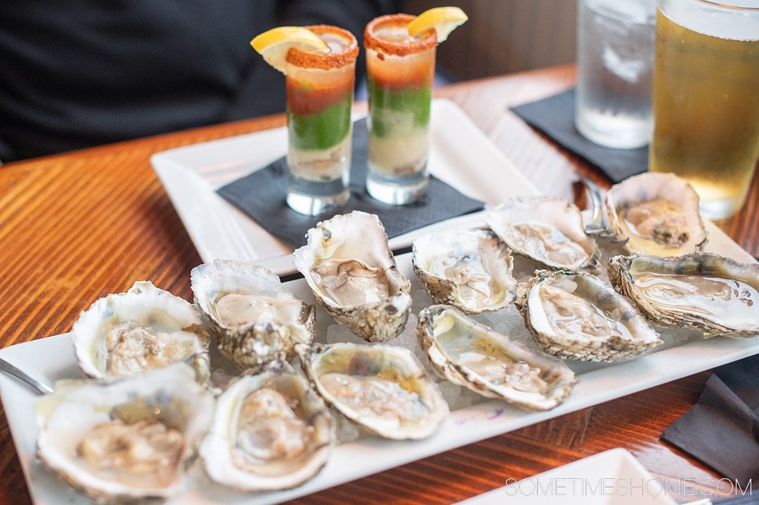 A plate of a dozen raw oysters and two colorful shot glasses behind it.