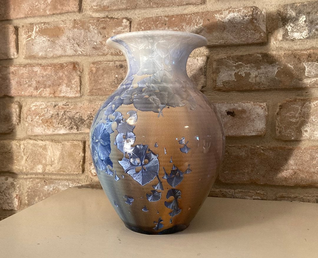 Blue and pink crystalline vase by Phil Morgan, a Seagrove potter in NC.