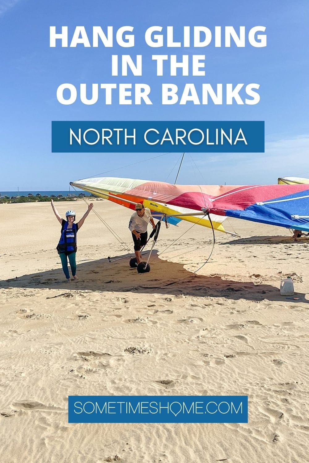 Hang Gliding in the Outer Banks of North Carolina Pinterest image with a photo of a hang glider and sand dunes behind the text. 