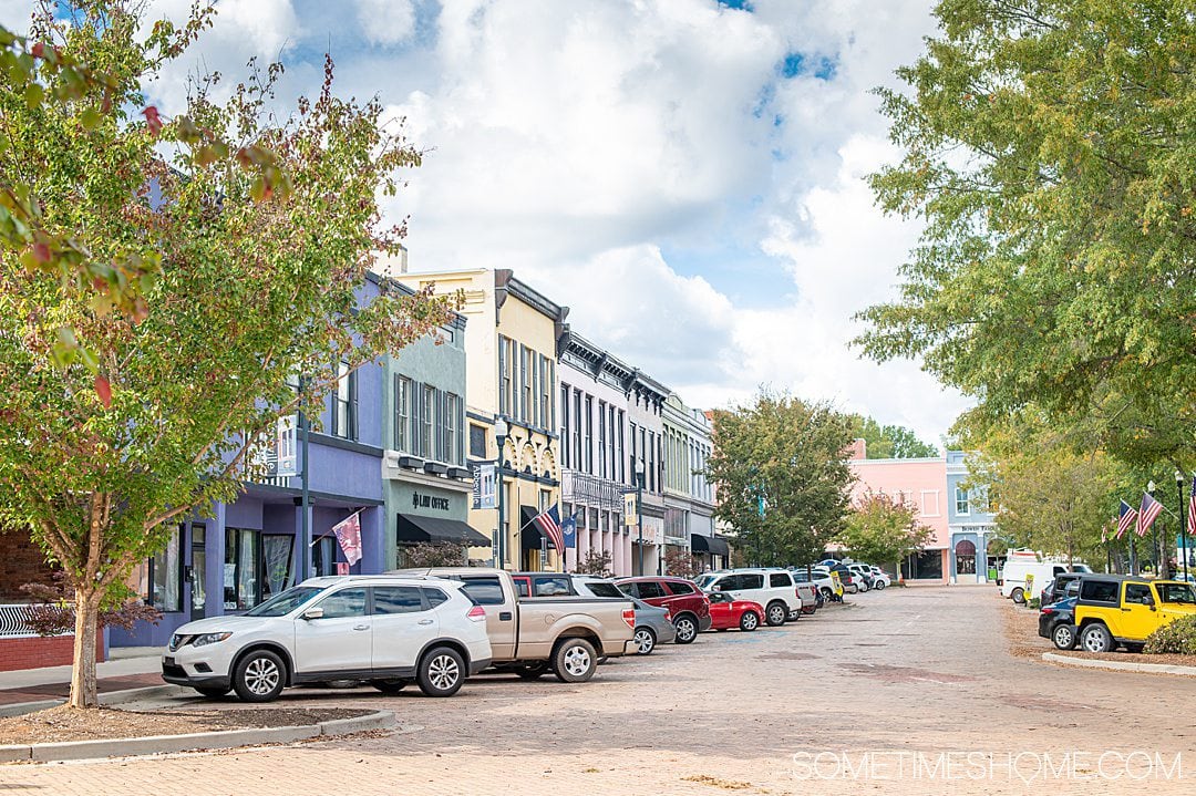 Colorful facades of the buildings in downtown Abbeville, South Carolina in the Old 96 District of the state.