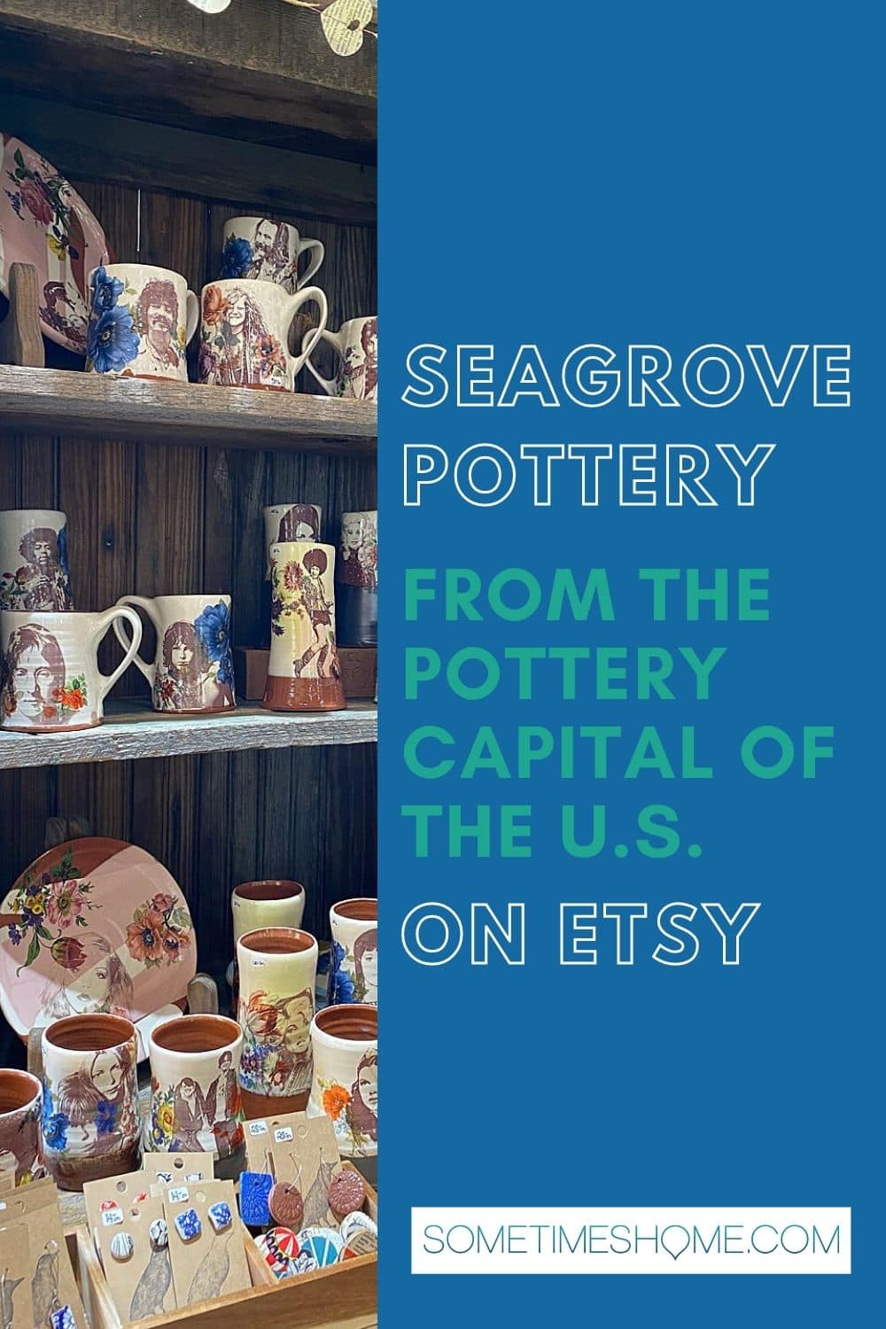 Seagrove pottery, from the Pottery Capital of the U.S., on Etsy from North Carolina with a photo of shelves of mugs by Stephanie Martin.