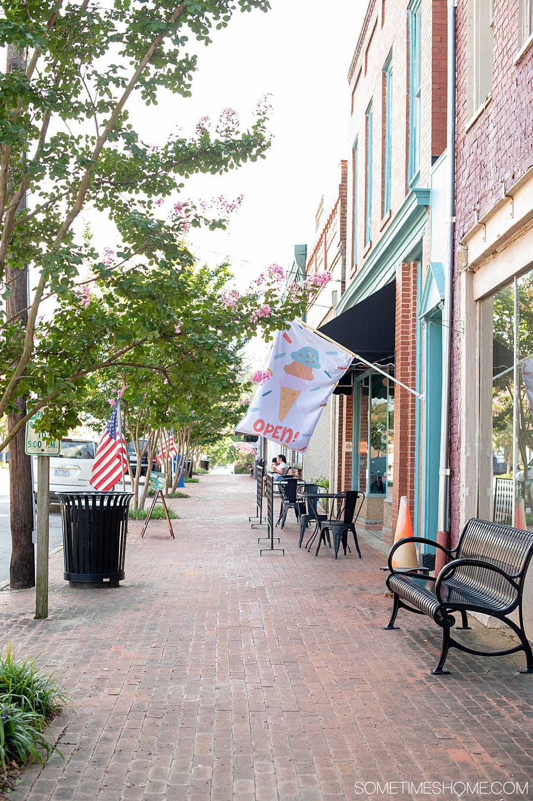 Things to do in Warrenton, NC: get treats on main street. Photo of the brick walkway with an ice cream flag on the sidewalk.