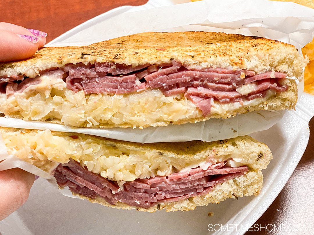 Pastrami sandwich with cole slaw and dressing on rye bread from The Hardware Cafe in Warrenton, NC.