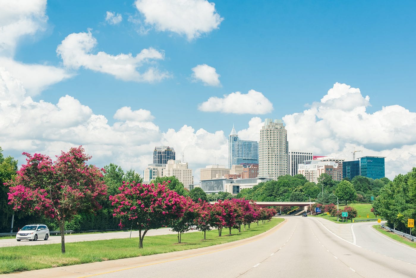 Best of Raleigh, NC from two resident travel bloggers. Photo of a view of the city's downtown skyline with a blue sky, white clouds and a strip of grass down the highway with pink flowering trees.