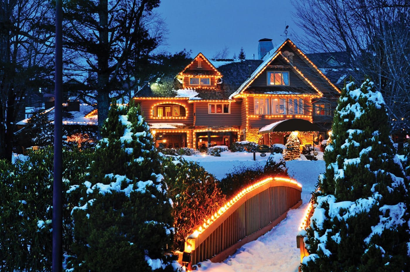 Winter scene at dusk, with a house in the distance bordered by white Christmas lights and snowy green evergreen trees in the foreground.