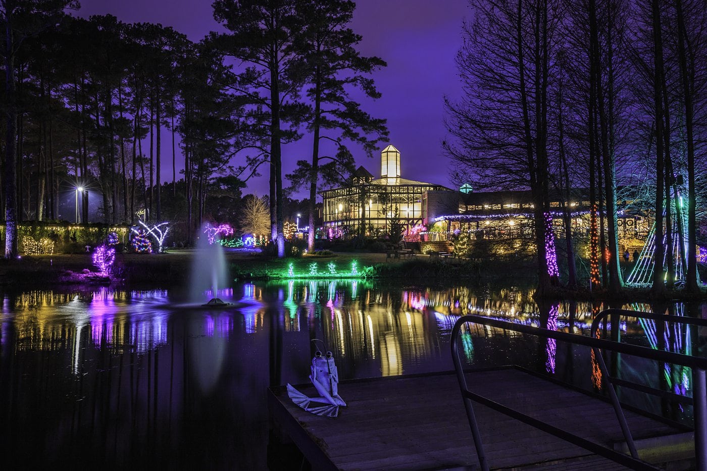 Cape Fear Botanical Garden holiday lights event in Fayetteville, NC, one of the prettiest winter events in North Carolina.