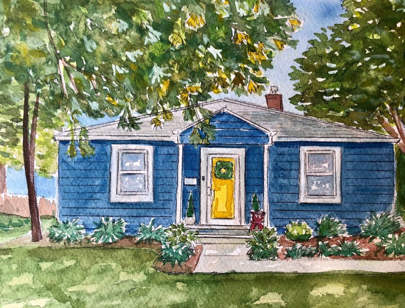 Custom watercolor of a blue house surrounded by trees and landscaping.