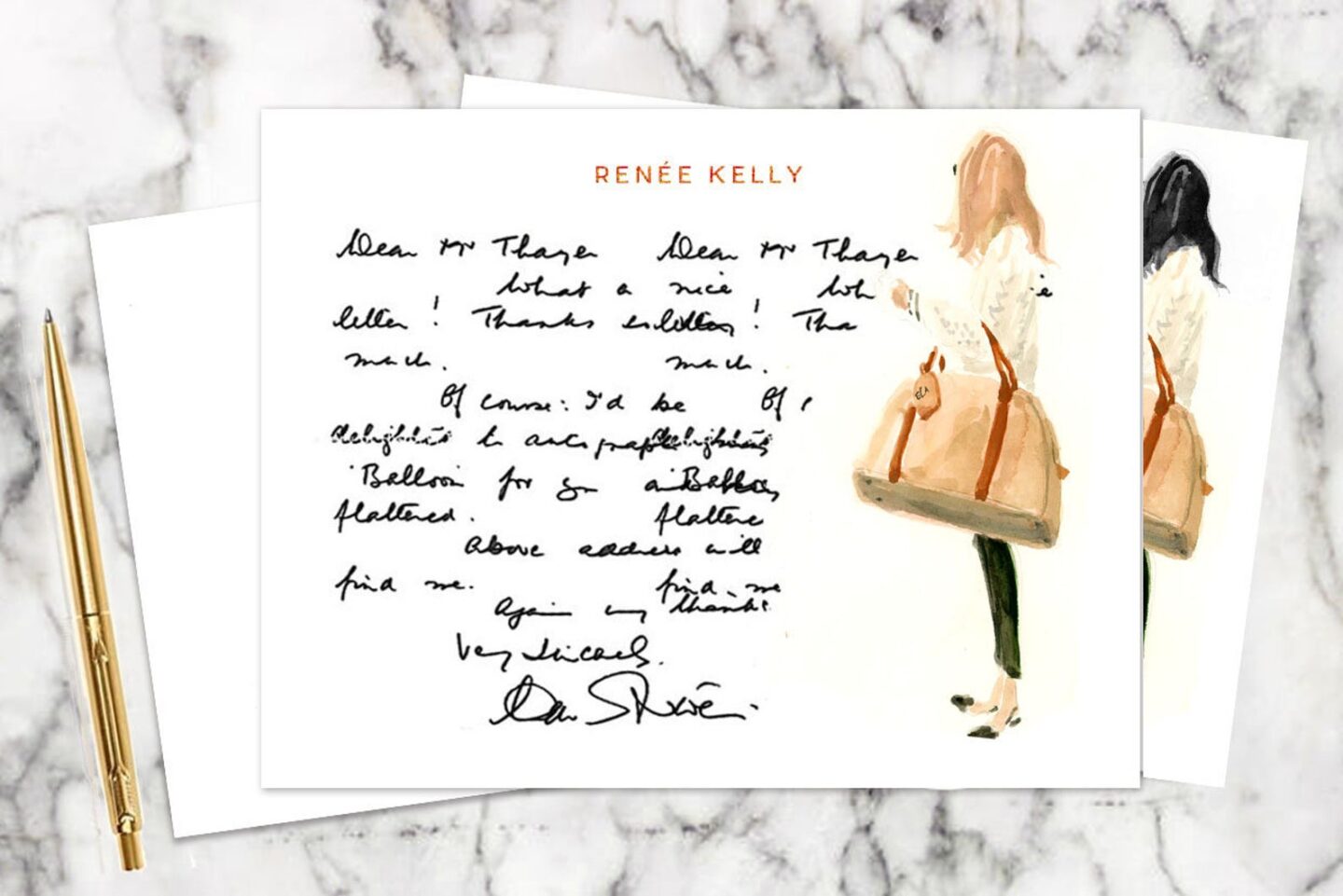 Handwritten note on custom stationery with a fashionable woman on the right carrying a bag.