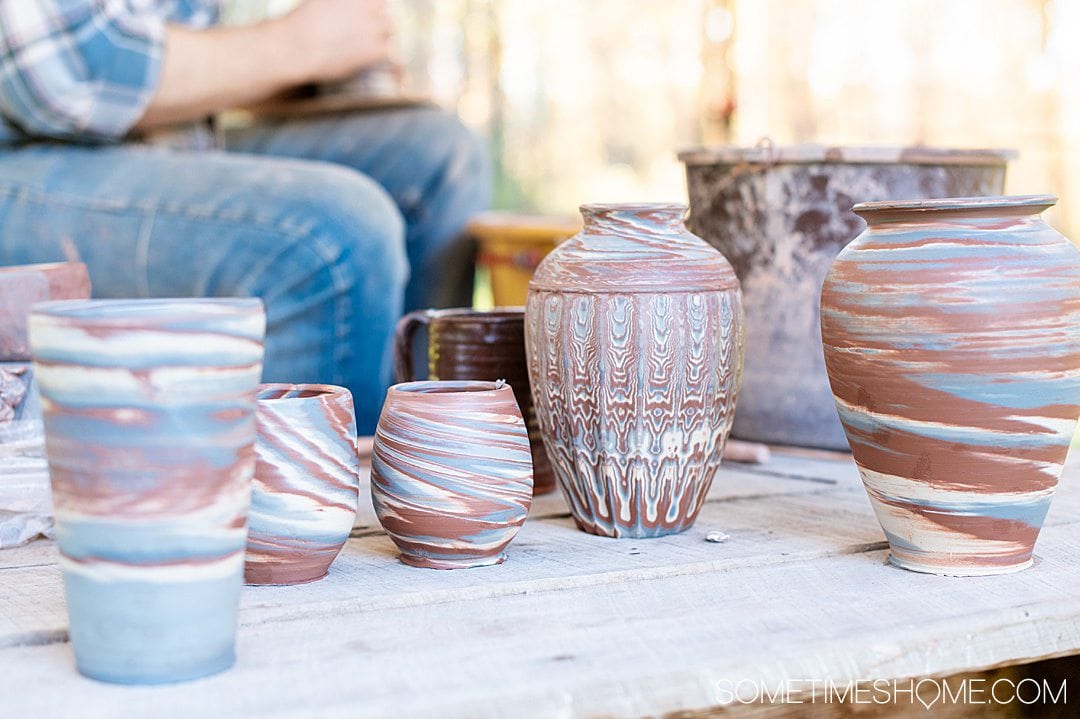 Agateware pottery, made from three colors of clay: white, red and blue.