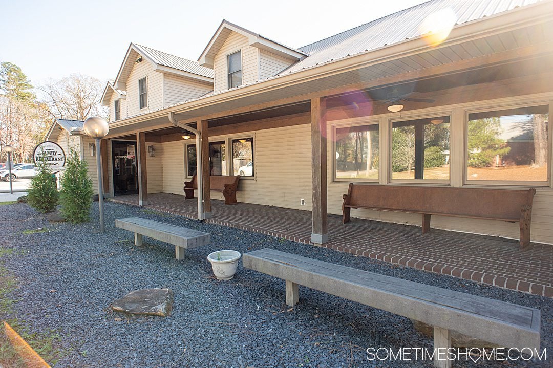 Front of a restaurant in Seagrove, NC with benches out front.  