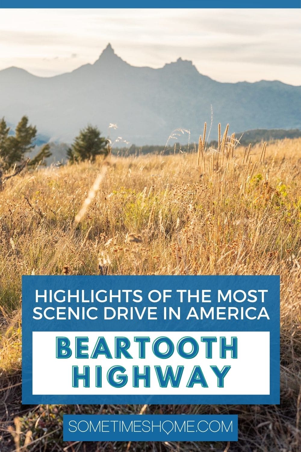 Highlights of the most scenic drive in America, Beartooth Highway, with a photo of golden grass and a mountain in the background.