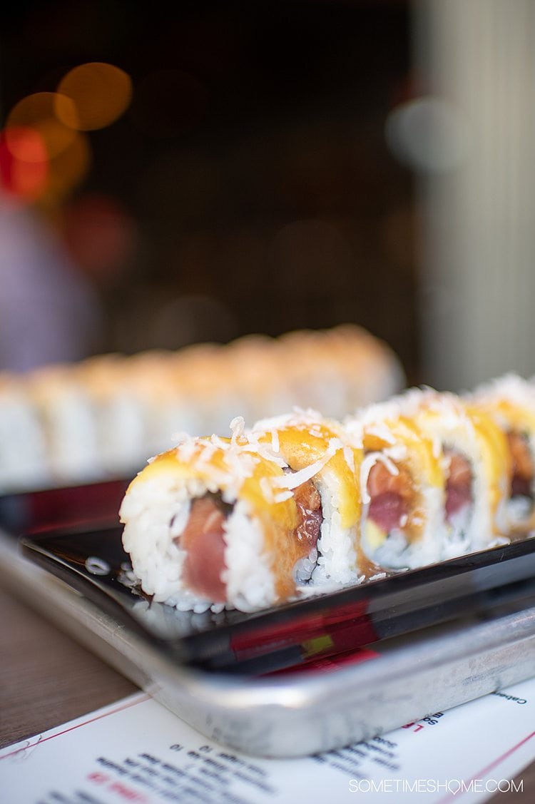 Sushi roll with mango and coconut from 1-800-Lucky in Wynwood, Miami.