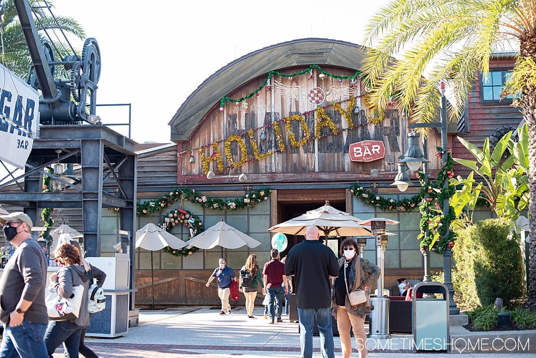 Photo of the holiday decorations on Jock Lindsey's Hangar Bar at Disney Springs.