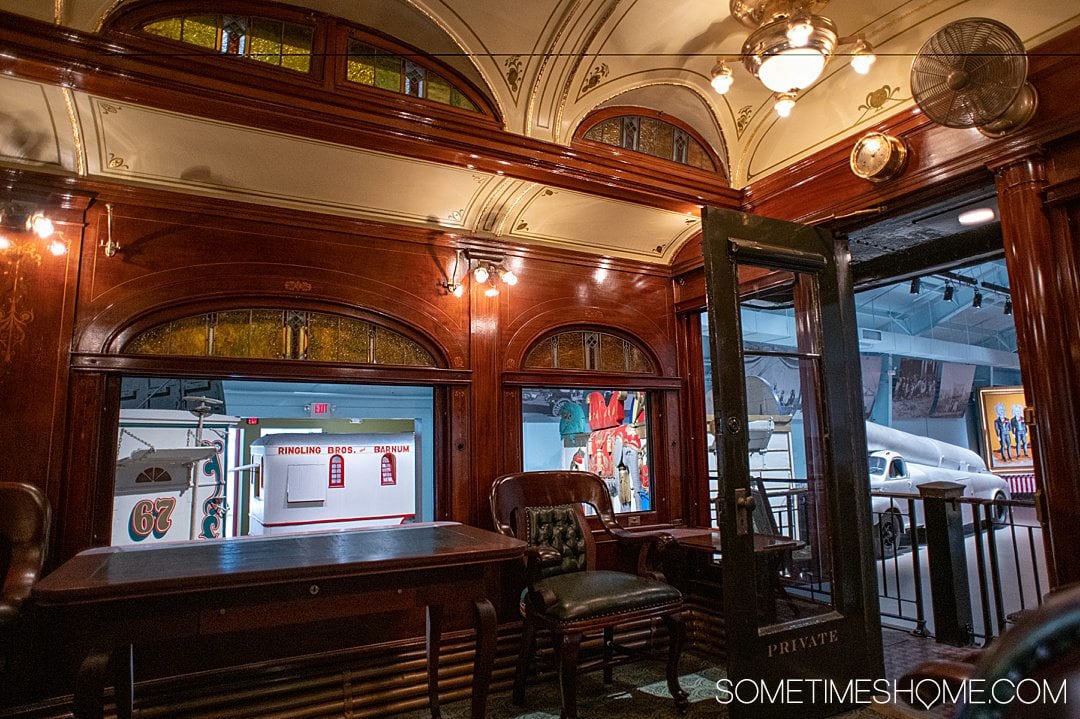 The inside of a vintage train car at the Ringling in Sarasota, Florida.