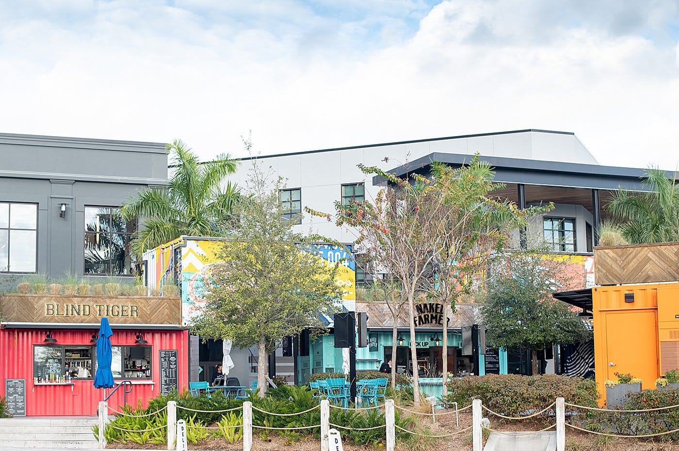 Where to eat in downtown Tampa including Sparkman Wharf, pictured with its colorful buildings.