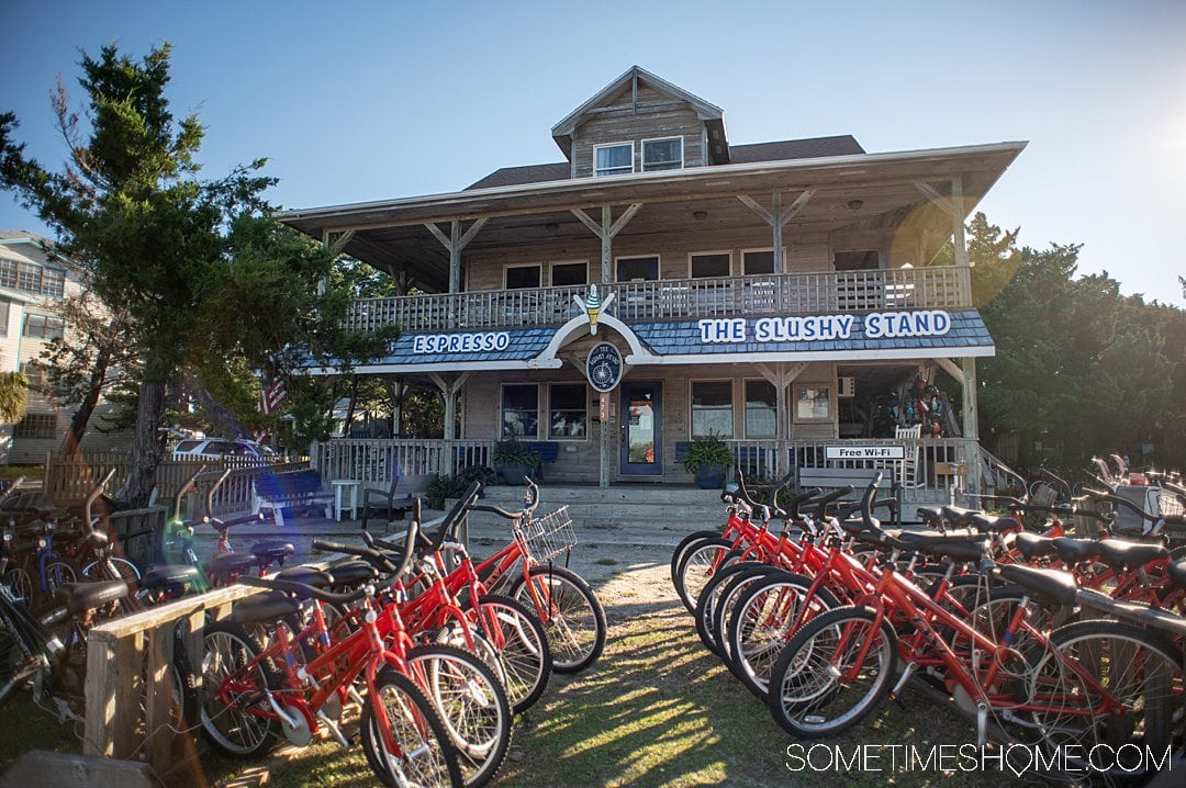 Red bicycles in front of a building in Ocracoke in the Outer Banks.