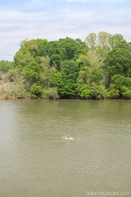 A kayaker on the Catawba River, as seen from the Pump House restaurant, in Rock Hill, SC.