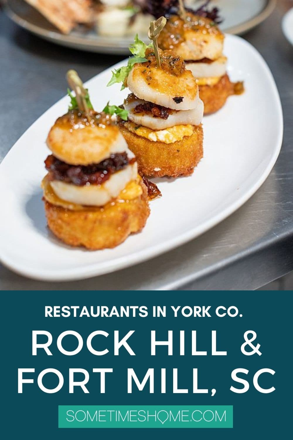 Pinterest image for restaurants in York County, SC, in Rock Hill and Fort Mill, with a picture of three scallops.