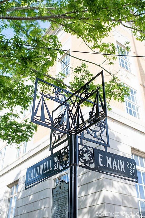 Decorative street signs in downtown Rock Hill, South Carolina, in York County.