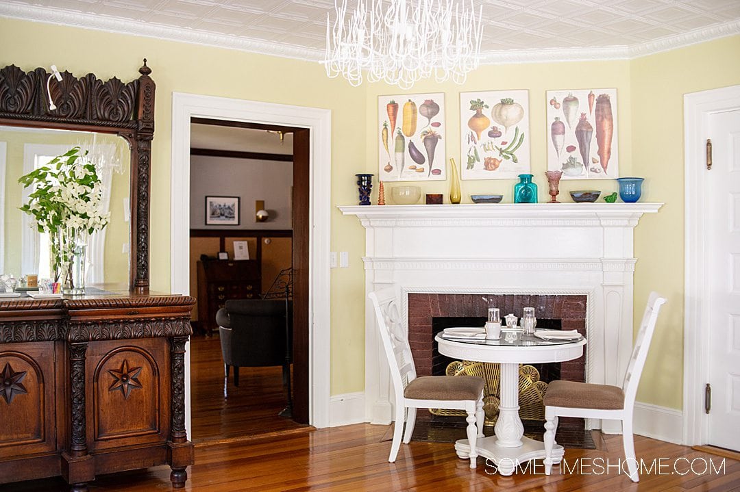 Seating area for breakfast at a modern bed and breakfast in Bar Harbor, Maine, with colorful interior design.