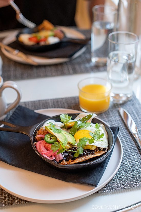 Colorful Mexican inspired skillet breakfast dish at a modern bed and breakfast in Bar Harbor, Maine.
