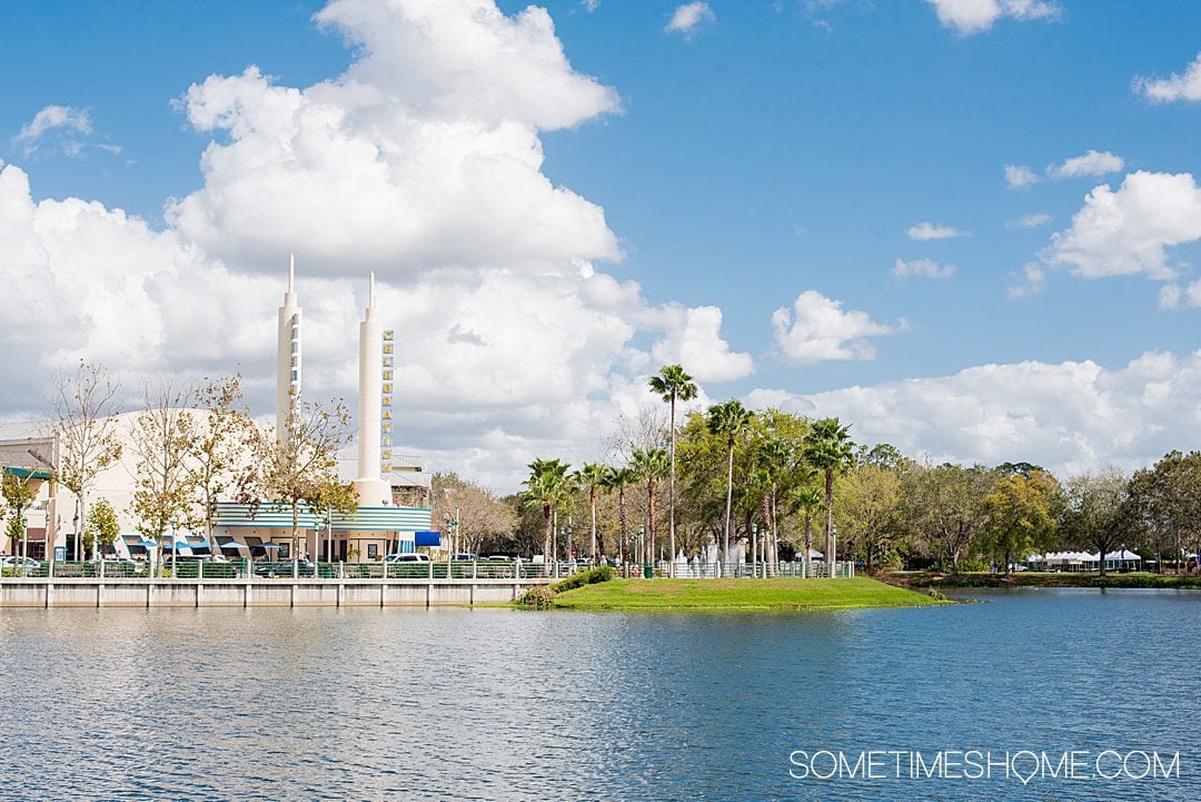 Downtown Celebration, Florida with a lake in front and the shops in the background.