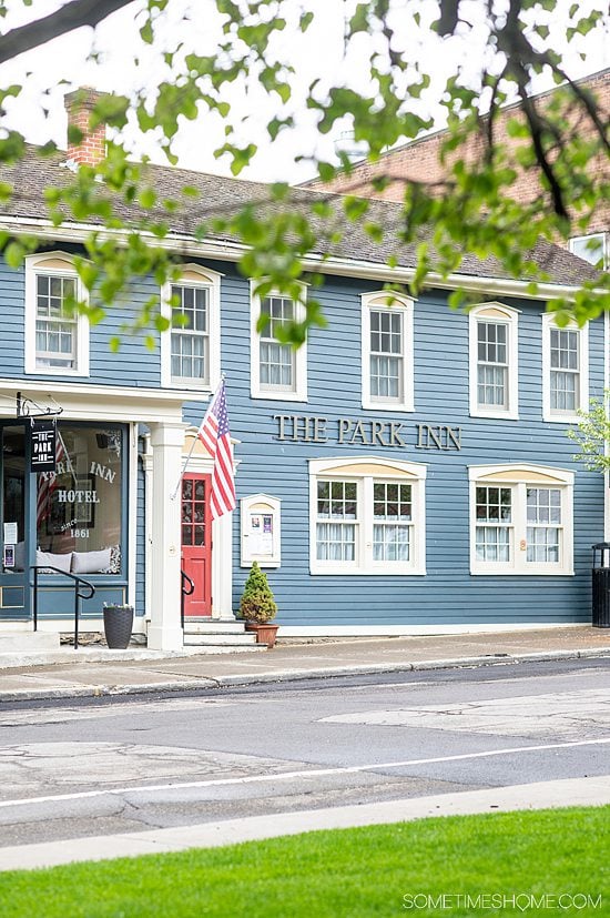 Cornflower blue facade of The Park Inn, in Hammondsport New York in the Finger Lakes.